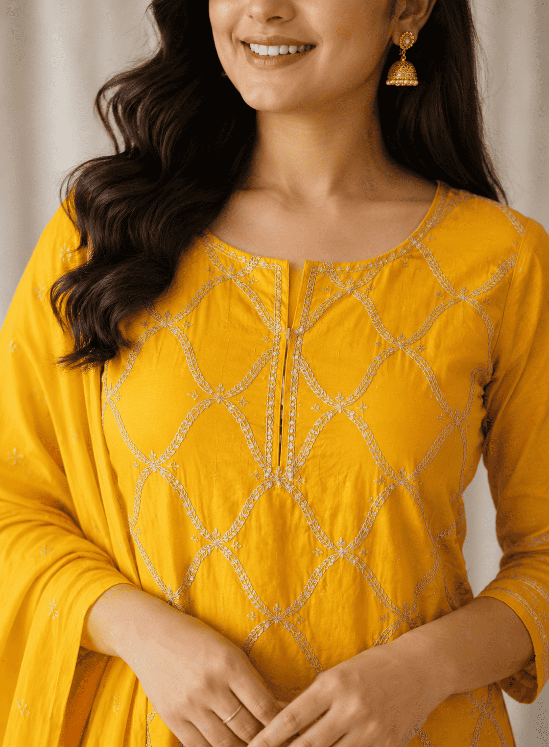 Mustard yellow cotton silk kurta set with embroidered dupatta