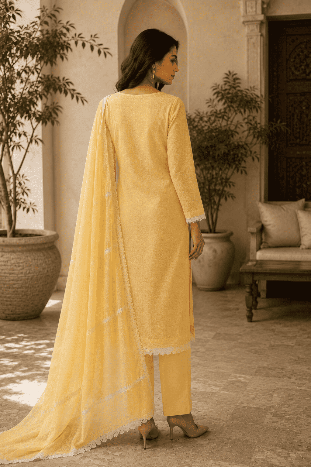 Unstitched lime embroidered cotton suit with dupatta