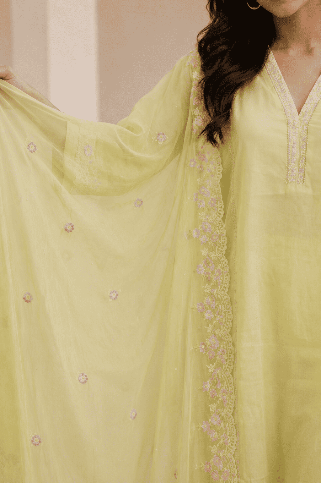 Pastel green silk embroidered kurta pant set with dupatta