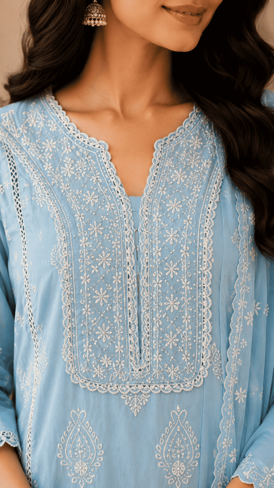 Sky Blue Chikankari Embroidered Mul Cotton Kurta Pant With Dupatta