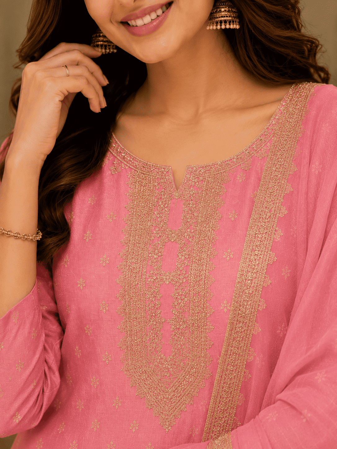 Pink Chanderi Silk Embroidered Kurta Pant and Dupatta Set