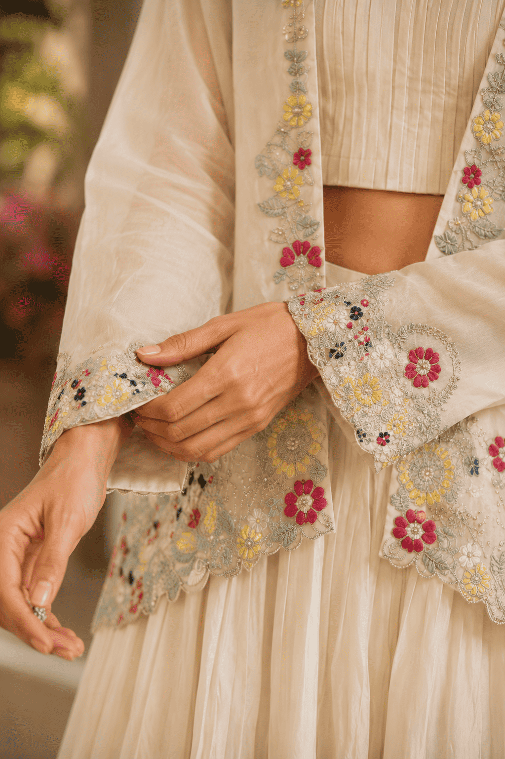 Ivory silk blend with embroidery jacket lehenga set