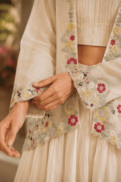 Ivory silk blend with embroidery jacket lehenga set