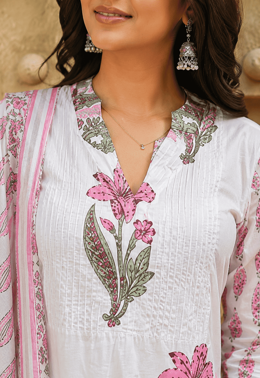 Green and Pink Block Printed Cotton Kurta Pant Set With Dupatta
