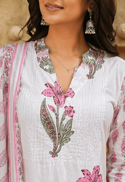 Green and Pink Block Printed Cotton Kurta Pant Set With Dupatta