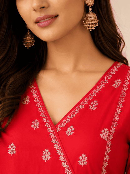 Red with Embroidered Soft Silk Blend Kurta Pant Set