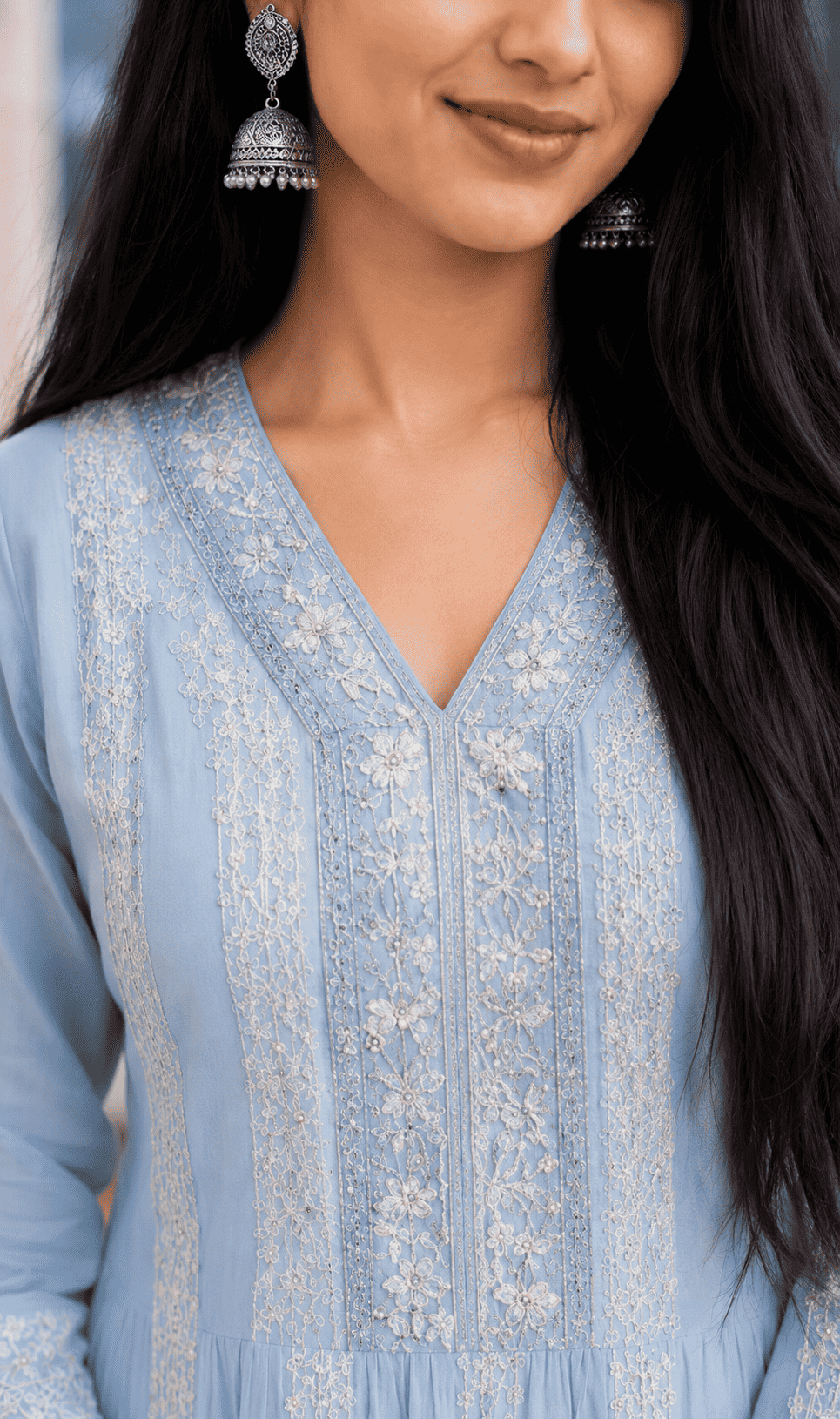 Sky Blue Embroidered Mul Cotton Kurta Pant and Dupatta