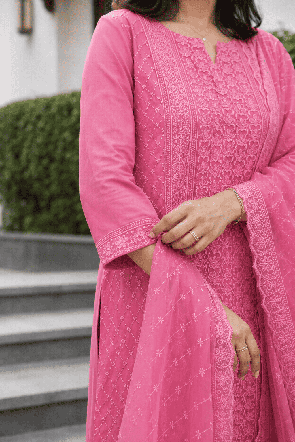 Pink Chikankari Embroidered Georgette Kurta Pant Set With Dupatta
