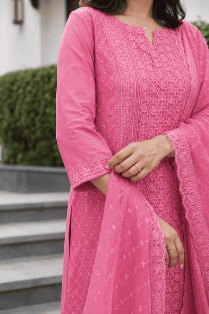 Pink Chikankari Embroidered Georgette Kurta Pant Set With Dupatta