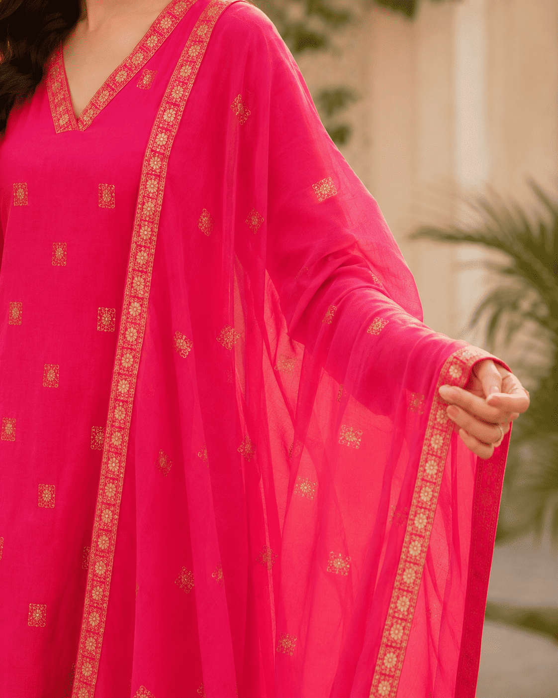 Fuchsia Pink Cotton Kurta Pant Set With Dupatta