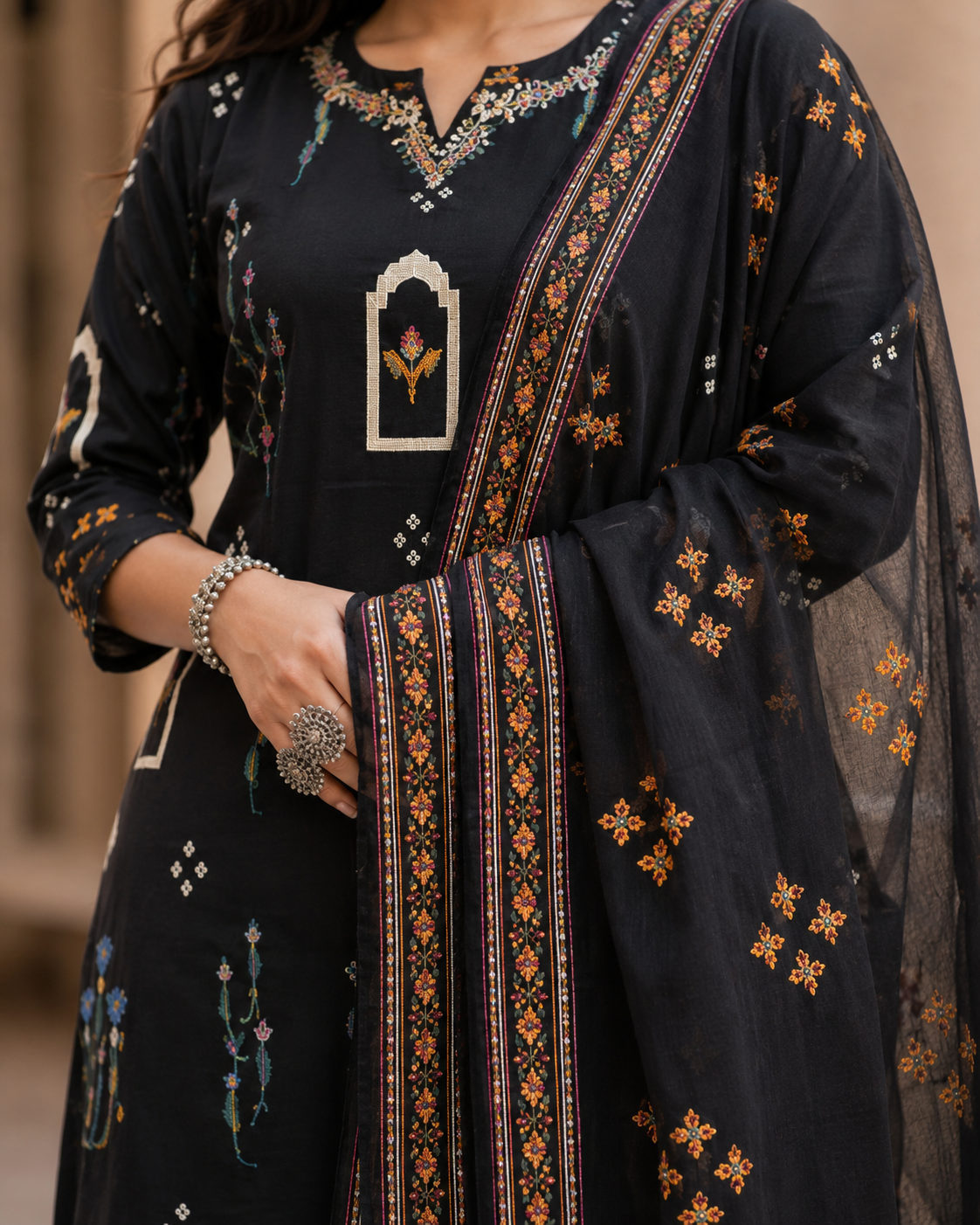 Black Printed Cotton Kurta Pant With Dupatta