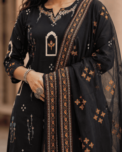 Black Printed Cotton Kurta Pant With Dupatta