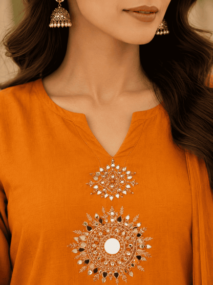 Orange Cotton Embroidered Kurta Set With Dupatta