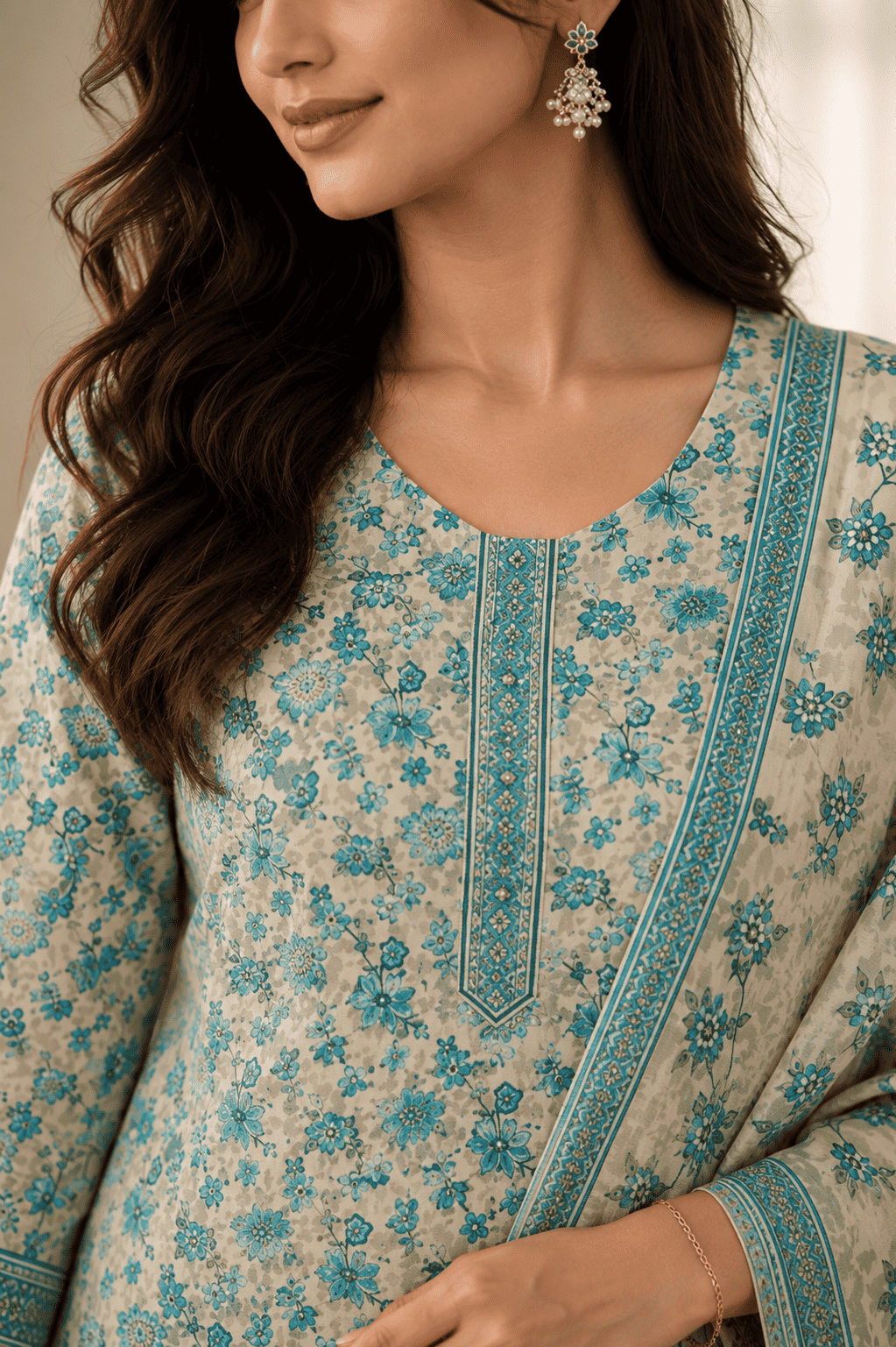 Beige cotton teal floral printed kurta pant set with dupatta