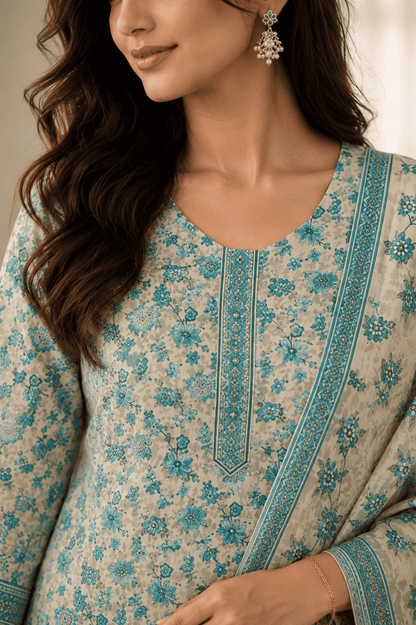 Beige cotton teal floral printed kurta pant set with dupatta