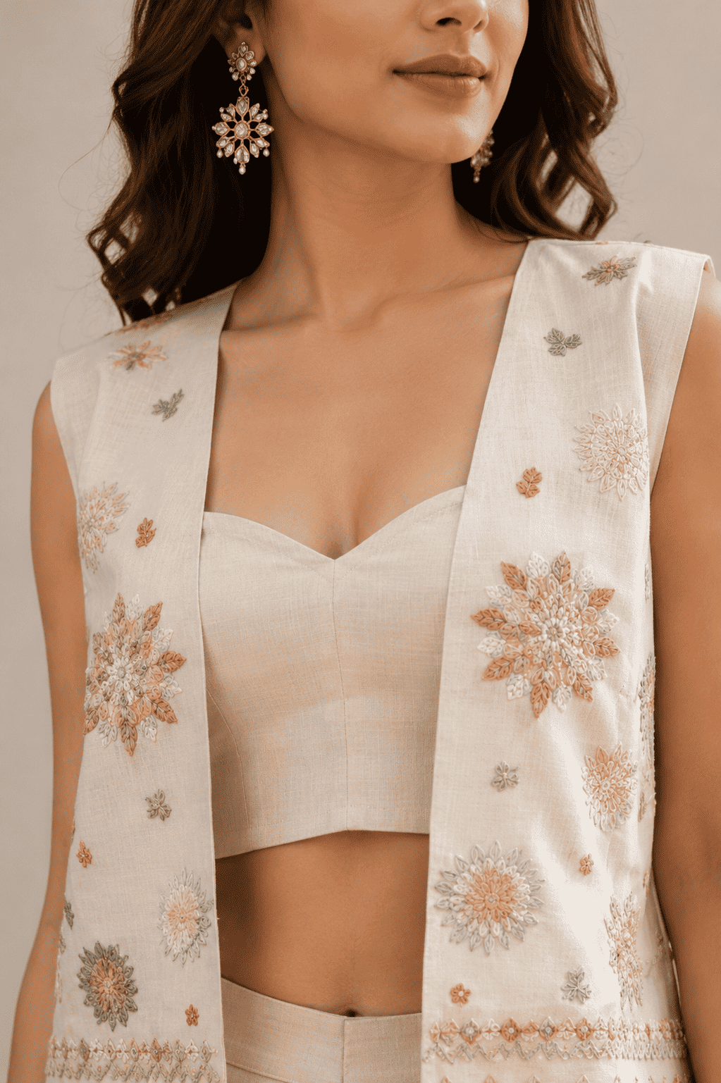 Ivory Roman silk embroidered blouse pant with jacket