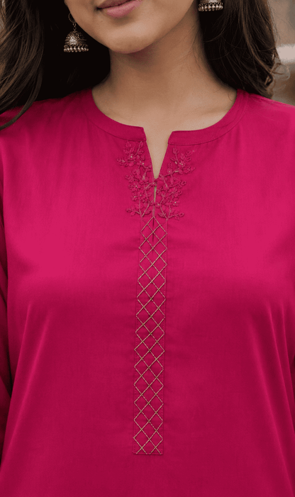 Pink Modal Cotton Embroidered Kurta Pant Set