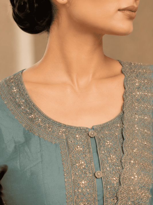Icy Aqua Blue Semi-Stitched Tissue Silk Suit With Dupatta With Golden Sequin And Thread Embroidery