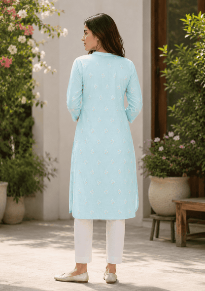 Blue Floral Embroidery Cotton Kurta