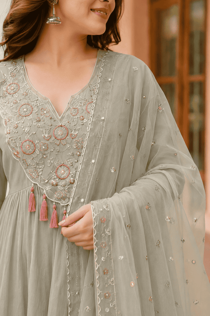 Mint Green Crunchy with embroidery kurta pant with net dupatta