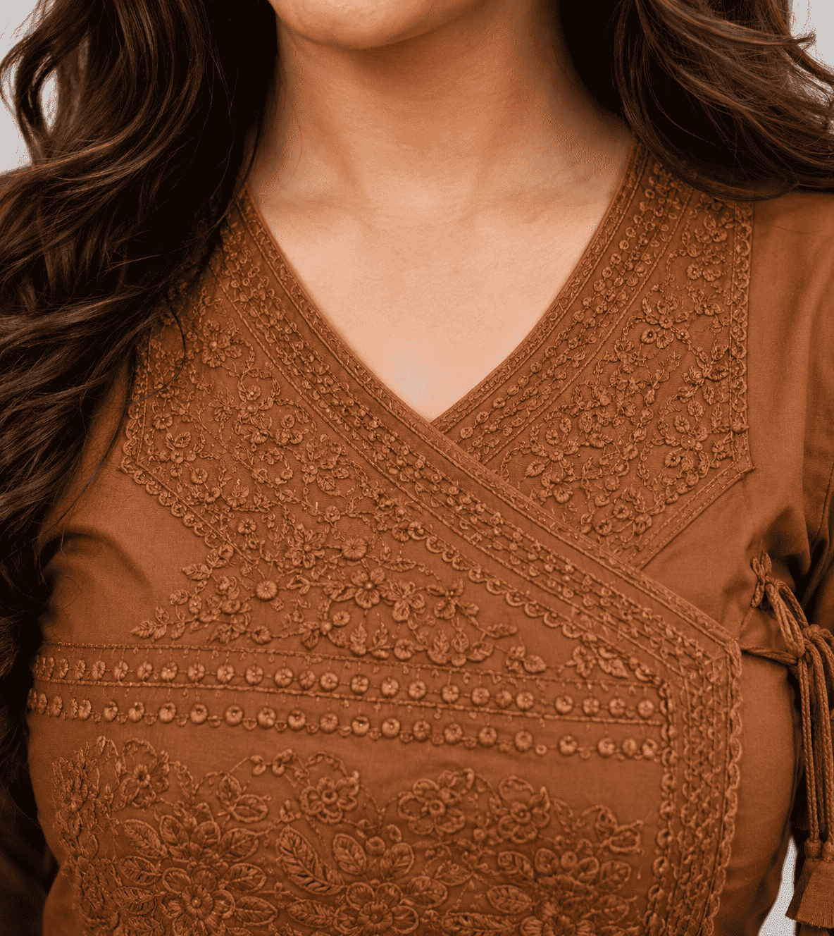 Brown Cotton blend angrakha style kurta with straight pant