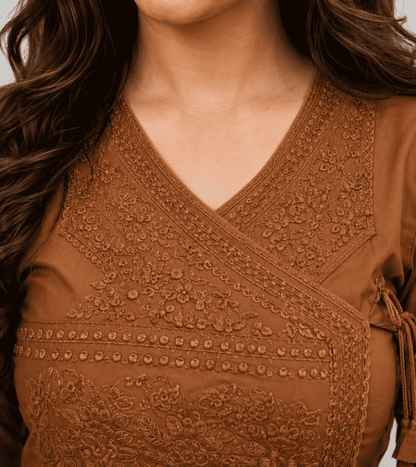 Brown Cotton blend angrakha style kurta with straight pant