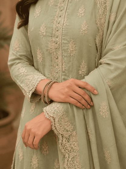 Semi-Stitched Sea-Green Soft Georgette Suit With Ivory Sequin Tree Motifs