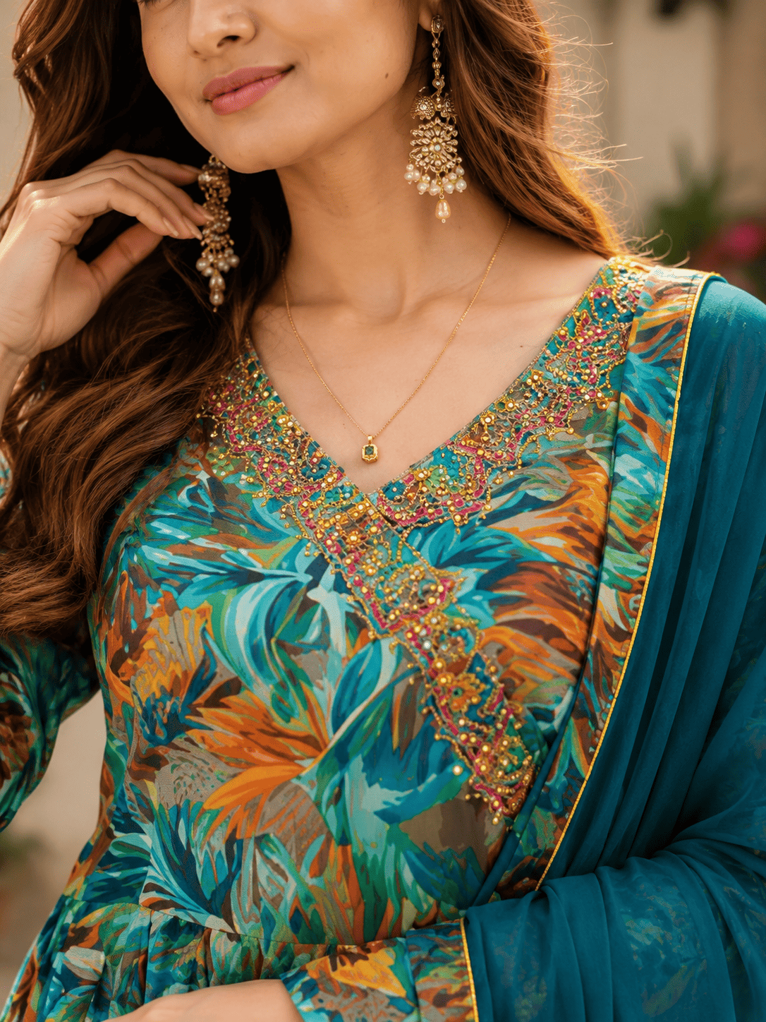Cotton Mix Tropical Print Suit Set With Dupatta
