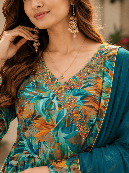 Cotton Mix Tropical Print Suit Set With Dupatta