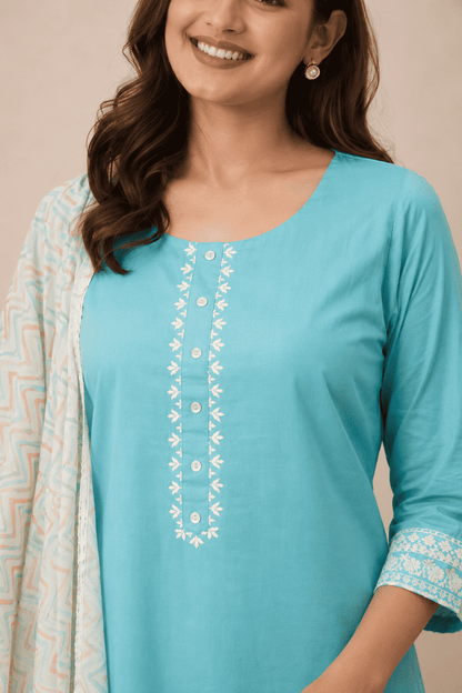 Sea green cotton kurta set with printed dupatta