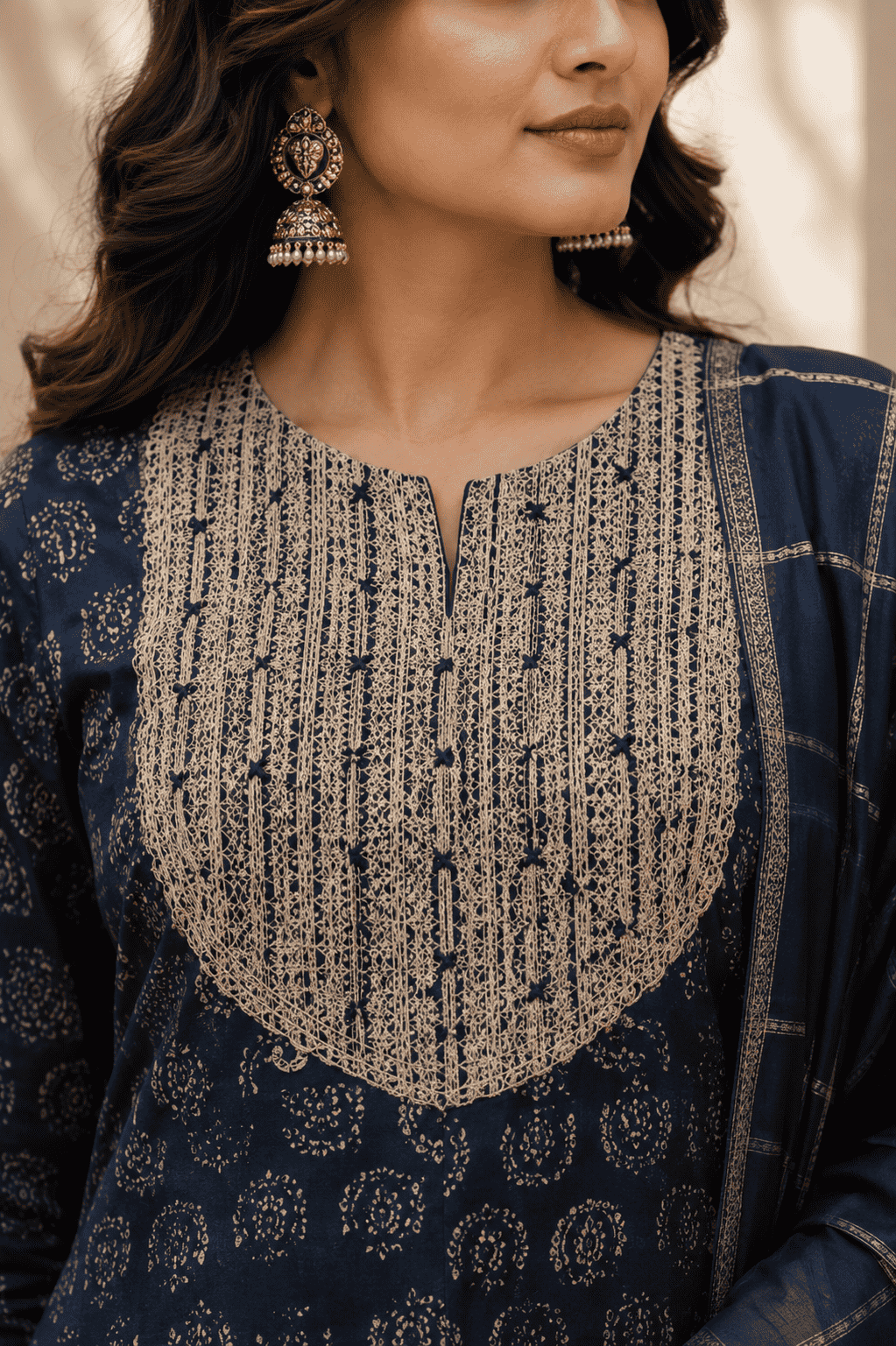Navy Blue Printed Cotton Kurta Set With Matching Dupatta