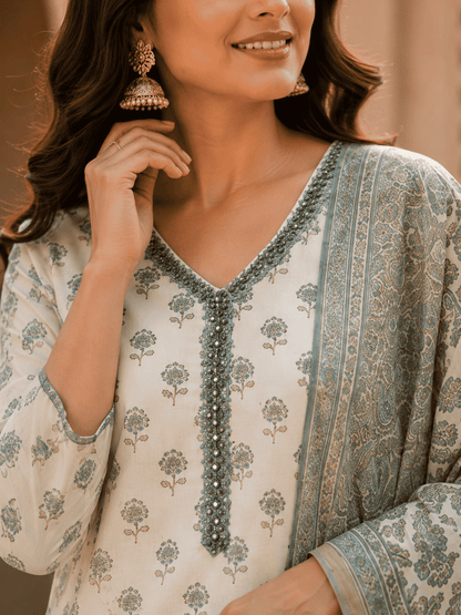 Ivory Cotton Kurta Set With Teal Bagru Print Paired With The Dupatta