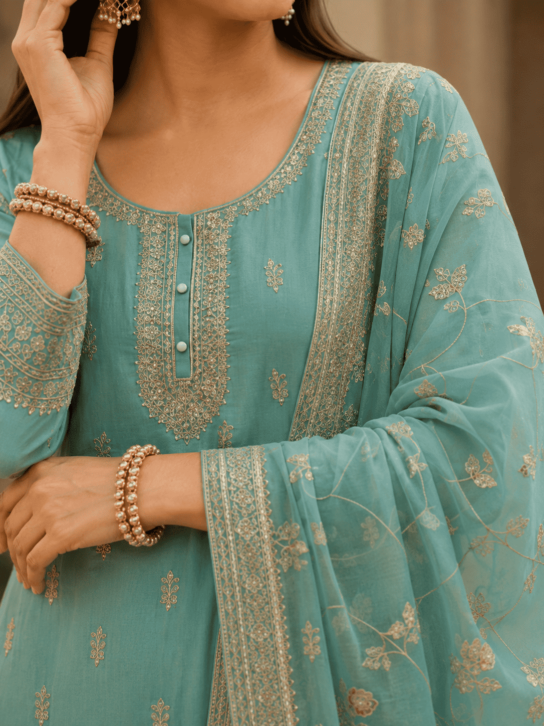 Semi-Stitched Light Aqua Pure Organza Suit With Delicate Zariâ€“Resham Thread Embroidery