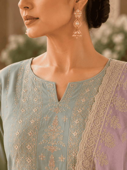 Unstitched Blush Pink Organza Suit With Ivory-Gold Floral Embroidery Suit Material