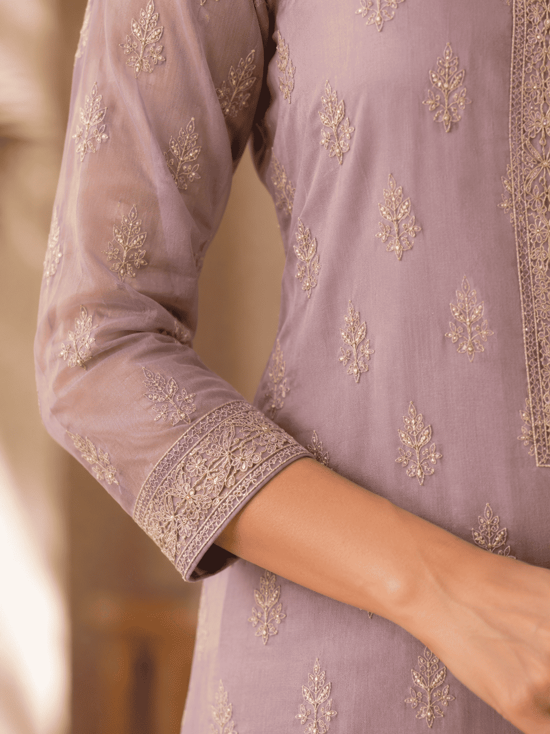 Semi-Stitched Dusty Lavender Organza With Ivory Tree-Motif Sequin Embroidered Suit Material