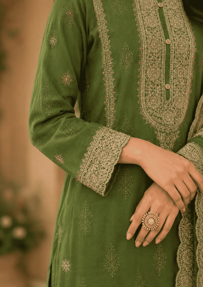Bottle Green Semi-Stitched With Embroidery Chiffon Suit Set With Dupatta
