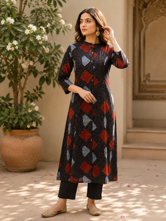 Black cotton kurta with red blue geometric printed contemporary design pattern