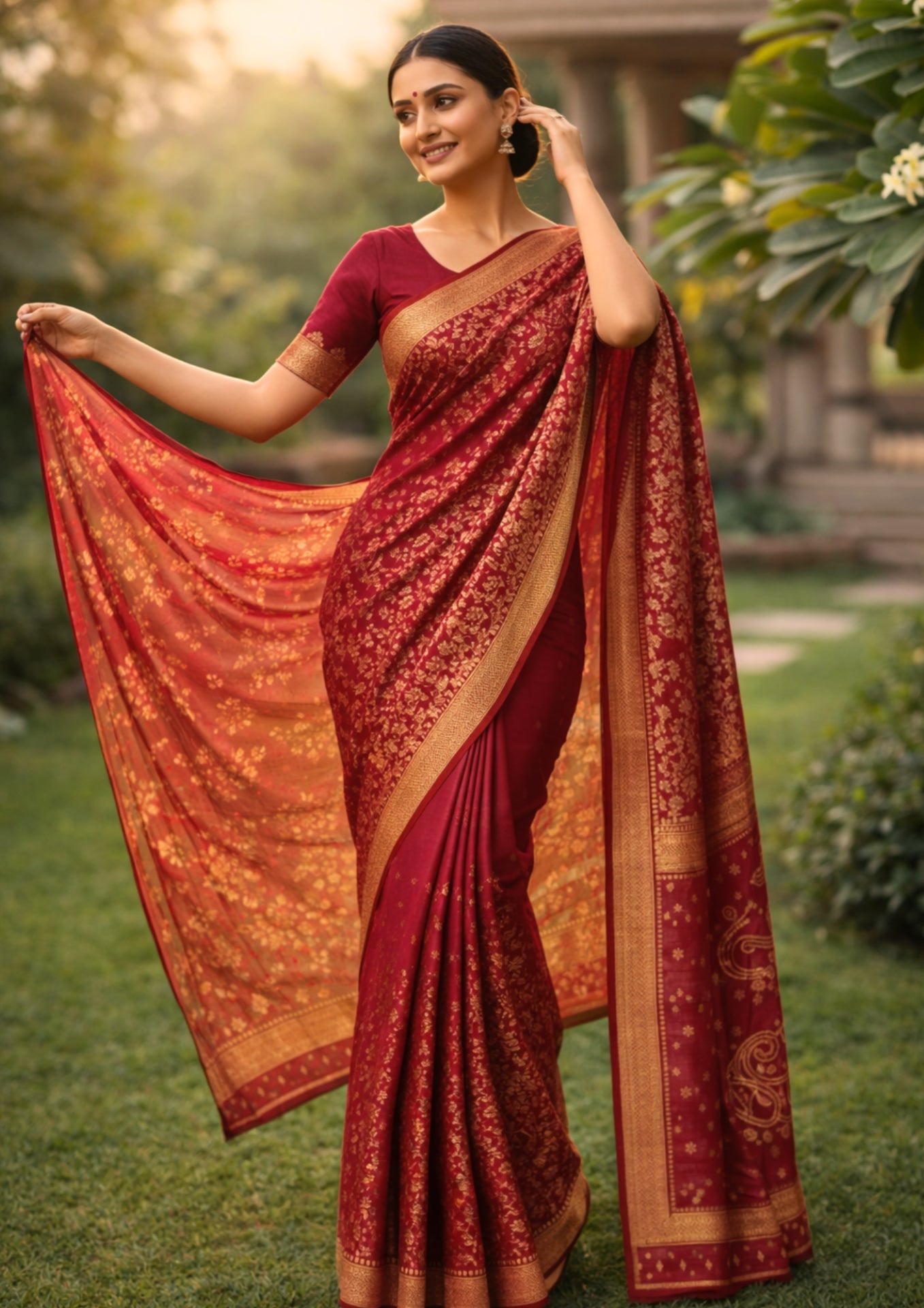 Rich Golden Zari Embroidered Deep Maroon Banarasi Silk