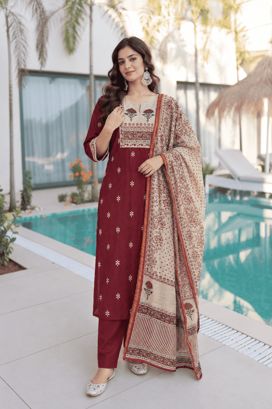 Red Printed Cotton Kurta and pant with dupatta