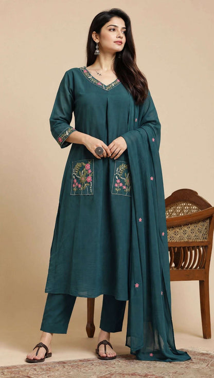 Teal Blue Embroidered Mul Chanderi Kurta and Pant with Dupatta