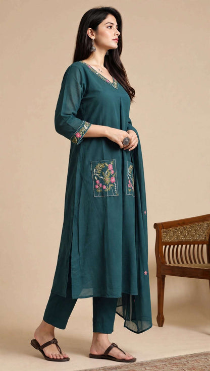 Teal Blue Embroidered Mul Chanderi Kurta and Pant with Dupatta