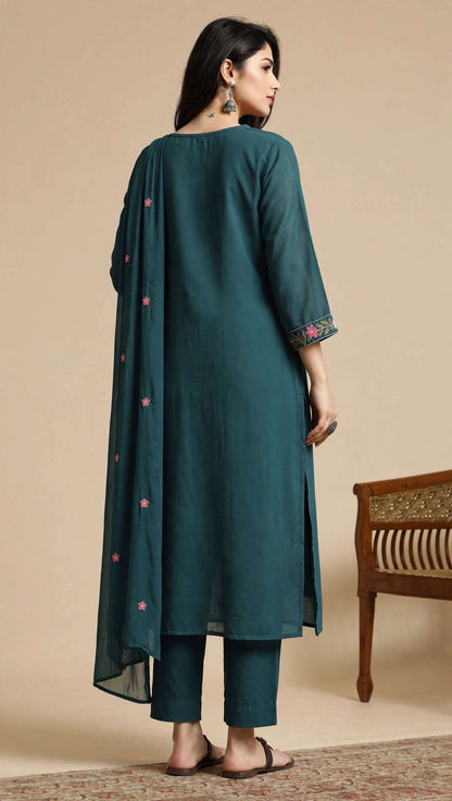 Teal Blue Embroidered Mul Chanderi Kurta and Pant with Dupatta