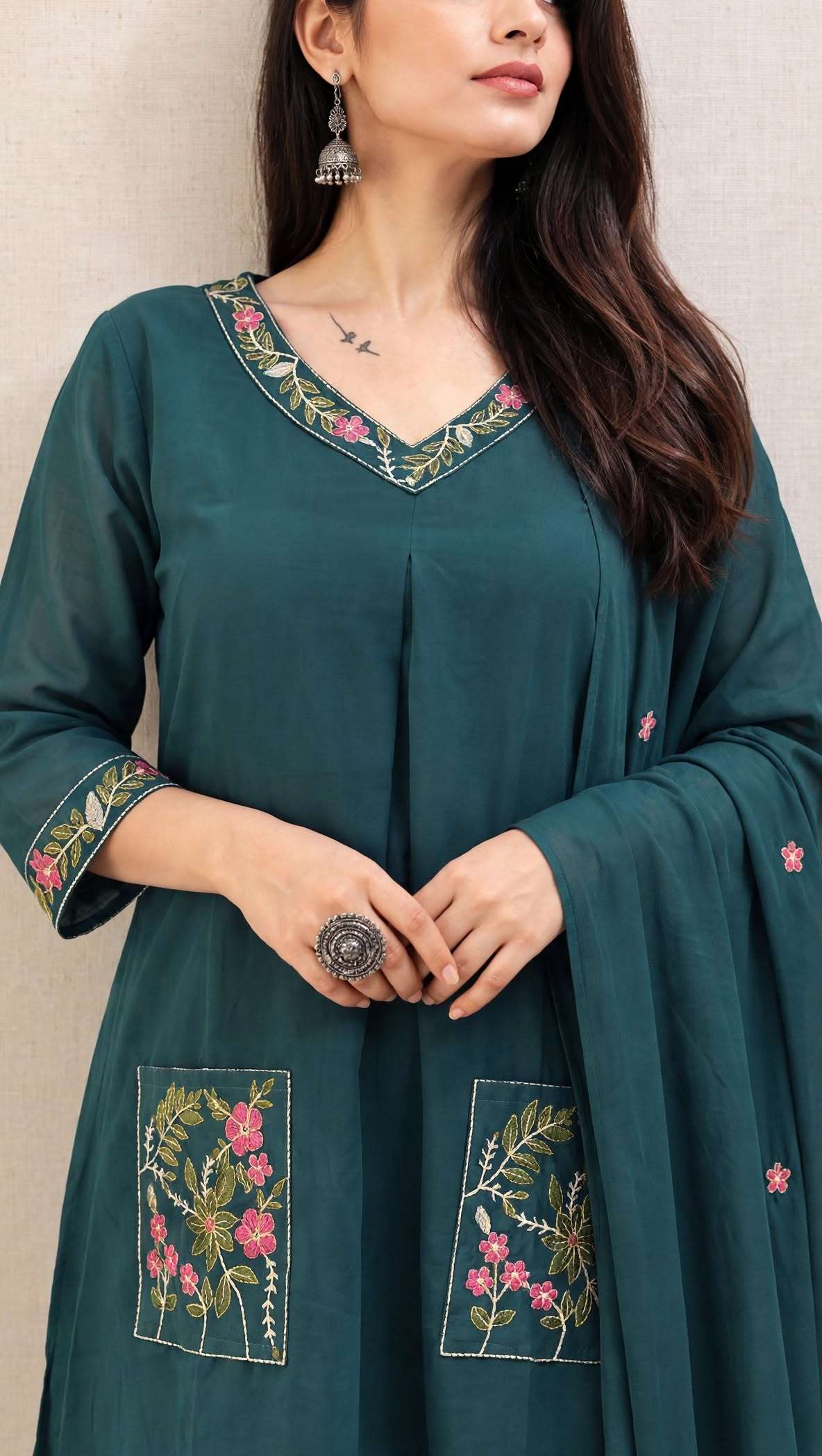Teal Blue Embroidered Mul Chanderi Kurta and Pant with Dupatta