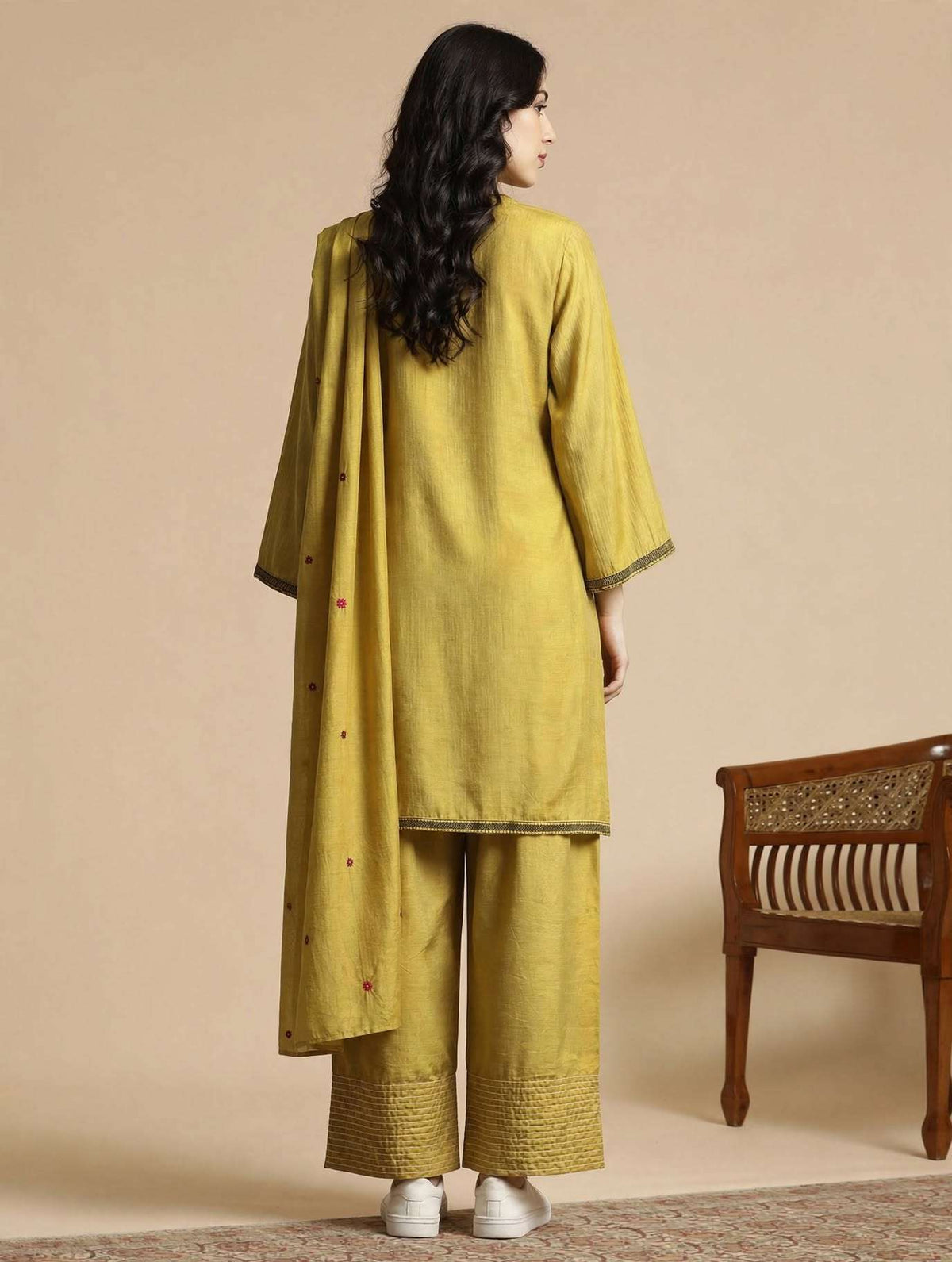Mustard Embroidered Mul Chanderi Kurta and Pant with Dupatta