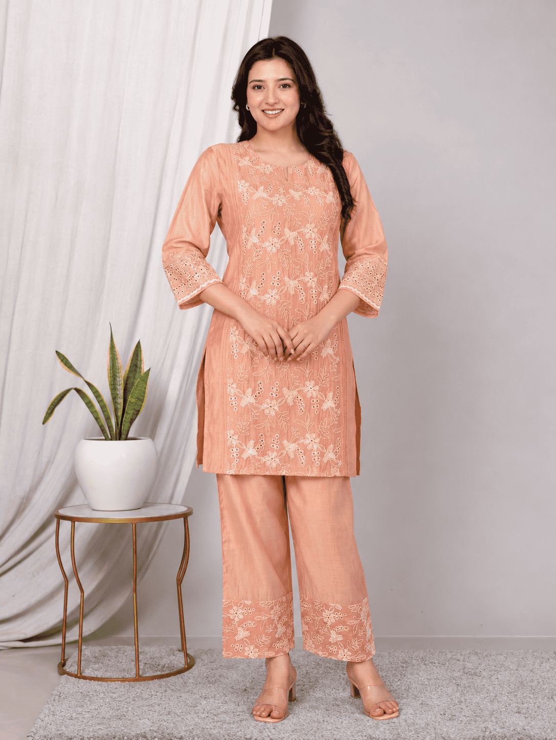 Pink Embroidered Mul Chanderi Kurta Pant Set