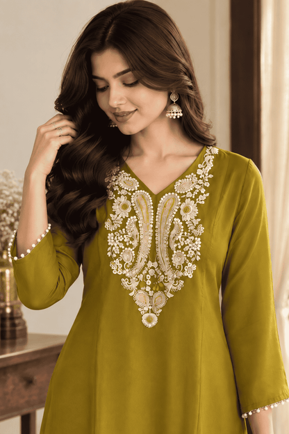 Mustard Embroidered Tissue Fabric Kurta Pant Set