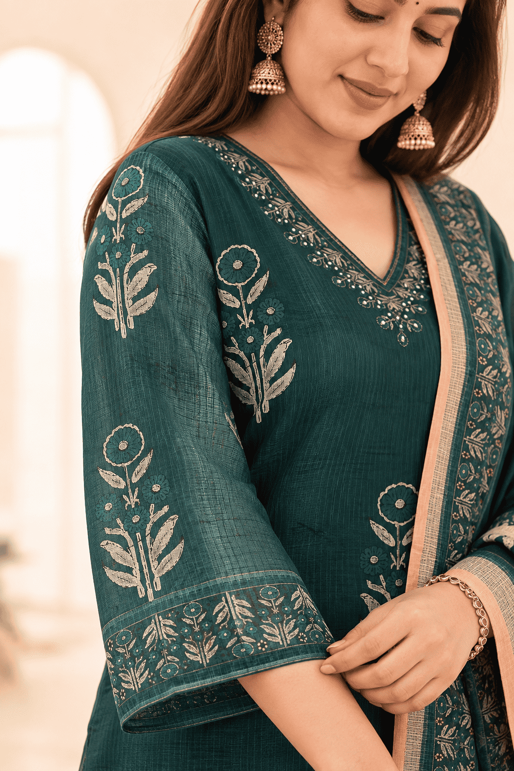 Peacock Green Printed Kota Doria Cotton Kurta Pant and Dupatta