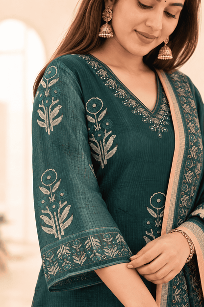 Peacock Green Printed Kota Doria Cotton Kurta Pant and Dupatta