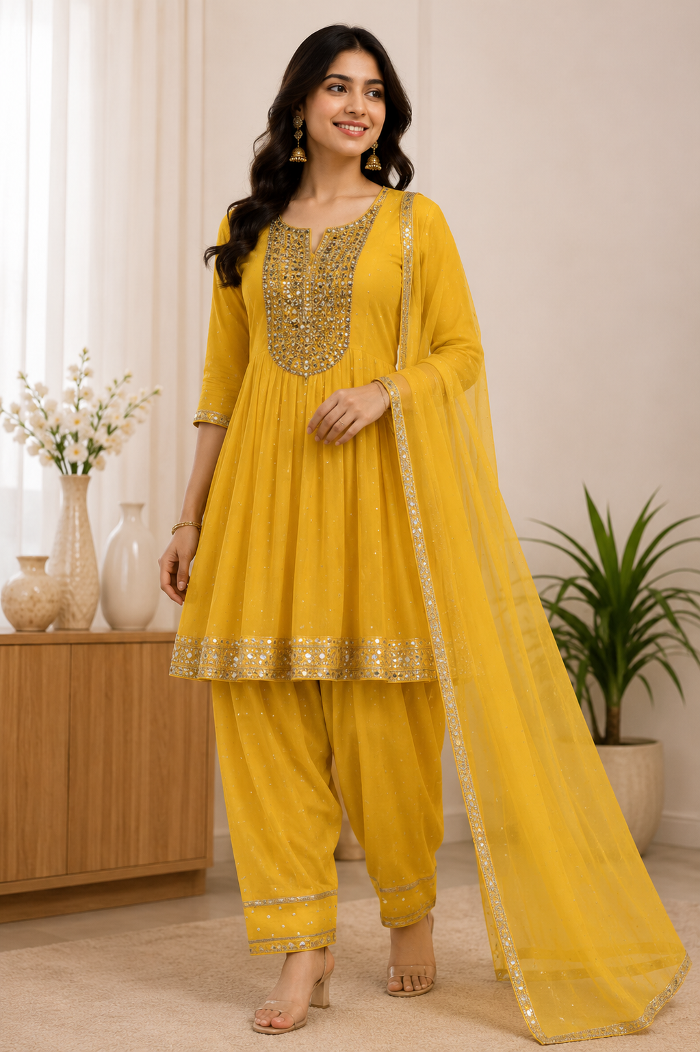 Yellow Mul Chanderi Embroidered Anarkali Kurta and Dhoti Pant With Dupatta