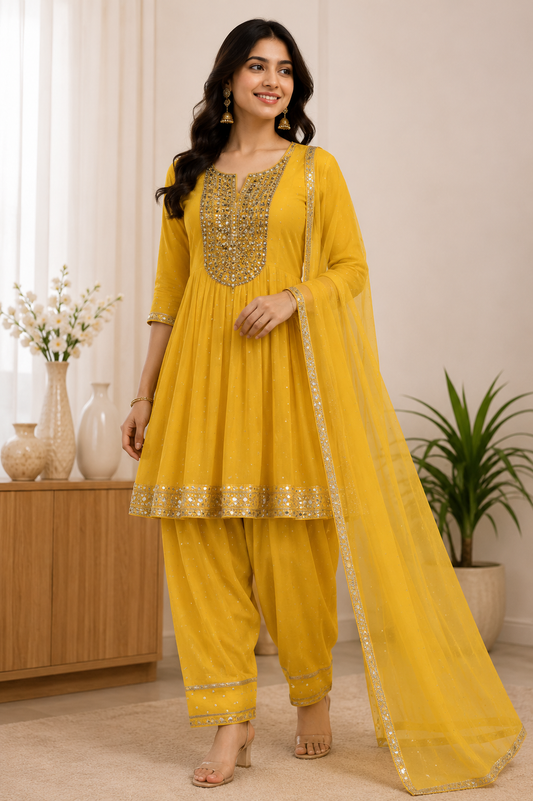 Yellow Mul Chanderi Embroidered Anarkali Kurta and Dhoti Pant With Dupatta